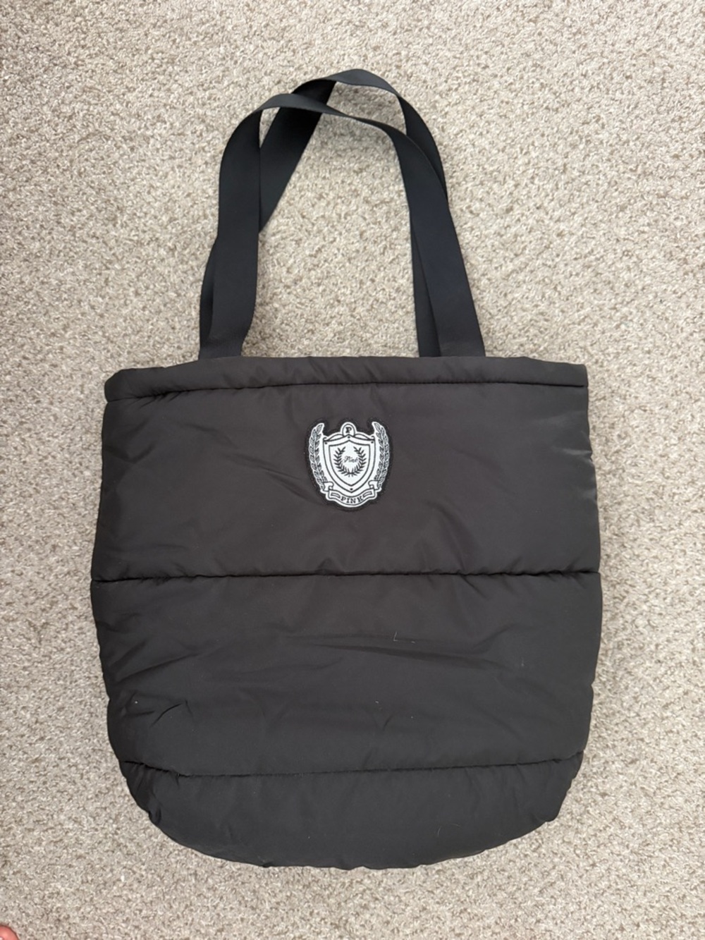 PINK Black Quilted Tote with Crest Emblem